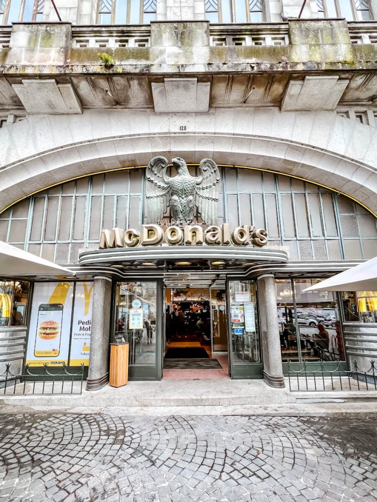 Entrance to Imperial Mcdonald's, the "most beautiful McDonald's in the world" in Porto, Portugal