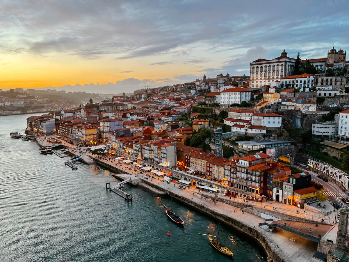 Sunset view of the Ribeira from the Ponte Luis I bridge in Porto, Portugal