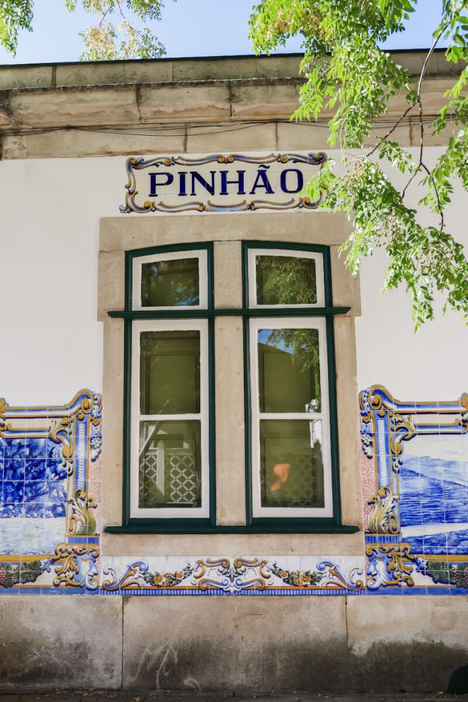 Blue tiled facade of train station in Pinhao, Portugal