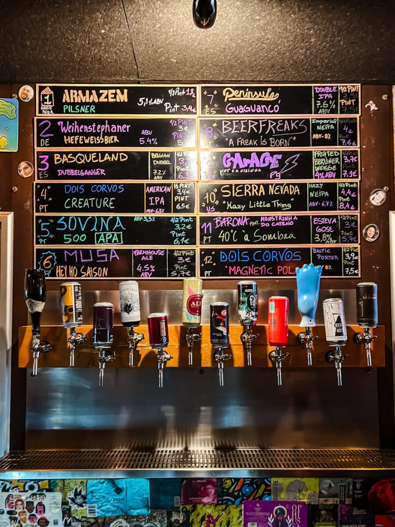 Line of beer taps at a Portuguese brewery