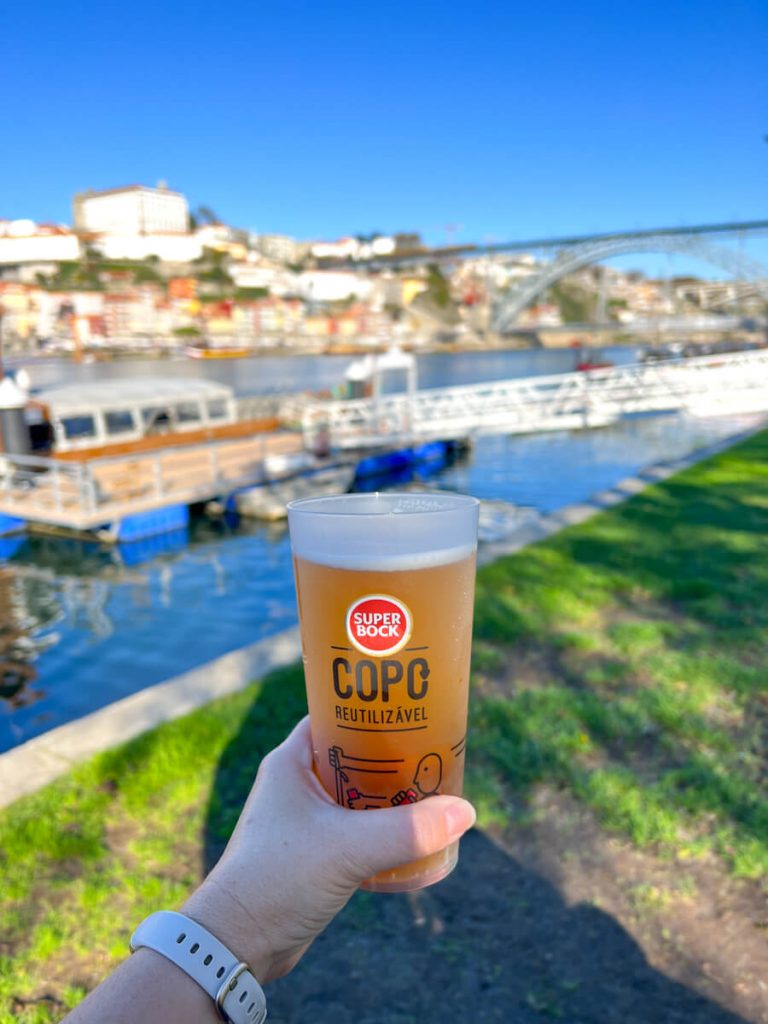 Outstretched hand holding a pint of beer with Dom Luis I bridge and Douro River in the background