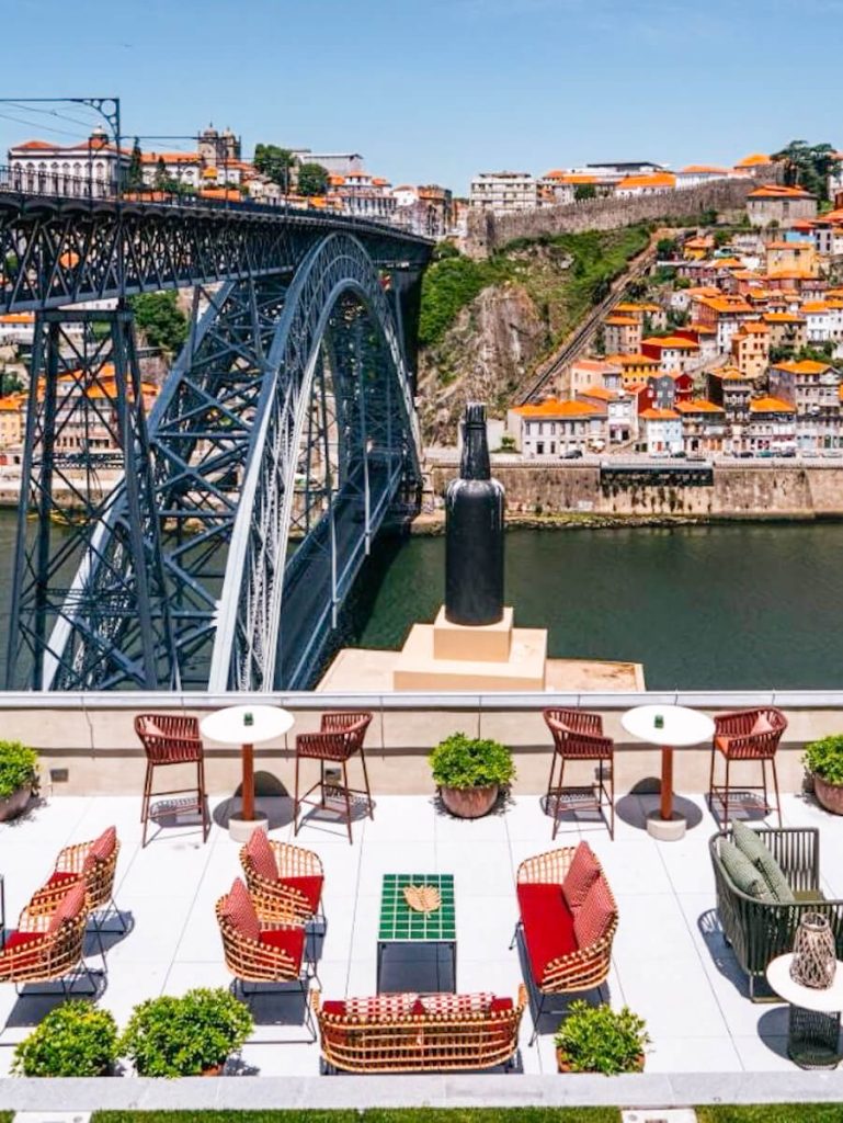 Terrace bar of Vincci Ponte de Farro overlooking Dom Luis I bridge and Douro River
