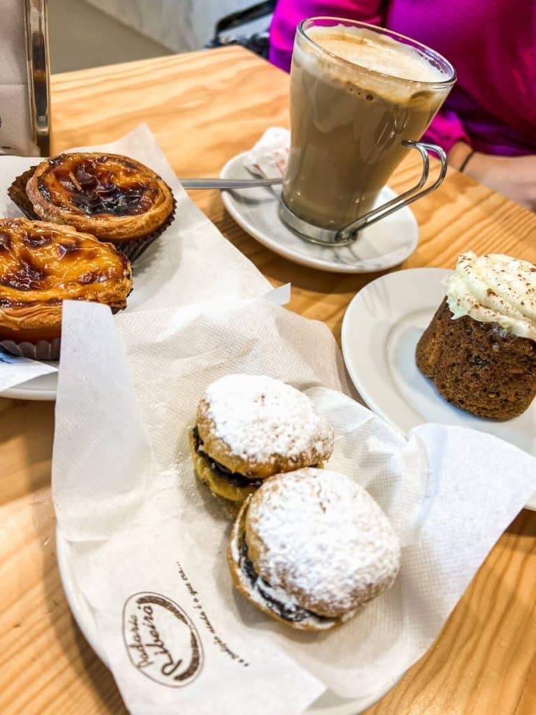 Table of pastries and coffee from Padaria Ribeiro 