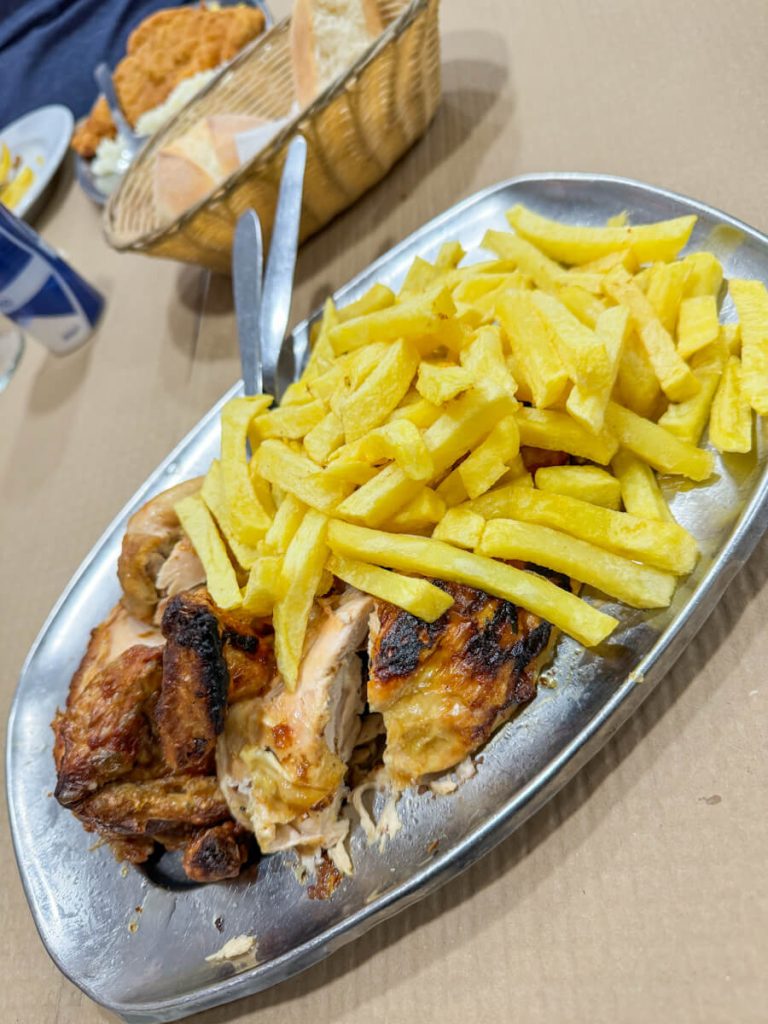 Plate of rotisserie chicken and French fries
